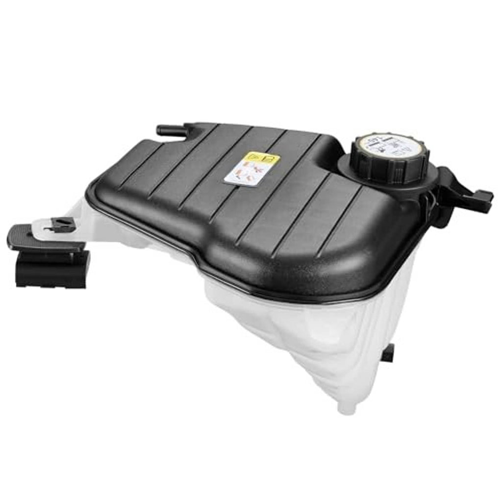 Engine coolant reservoir tank, black ribbed lid with cap, white reservoir container.