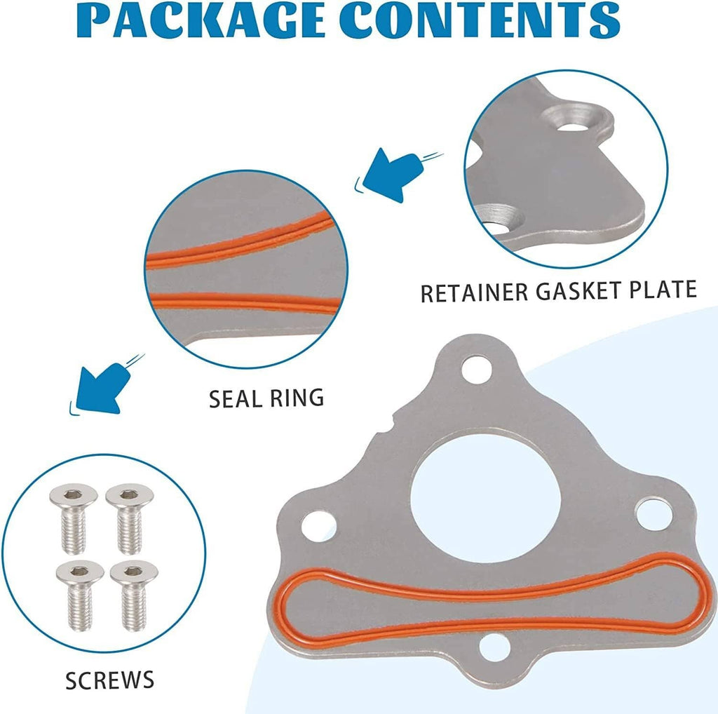 Cam retainer thrust plate with orange seal ring, screws, and mounting holes