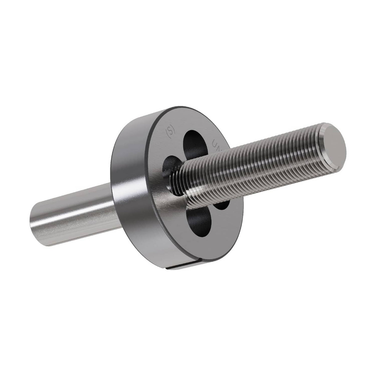 Round threading die pressed onto threaded rod, showing UNF teeth