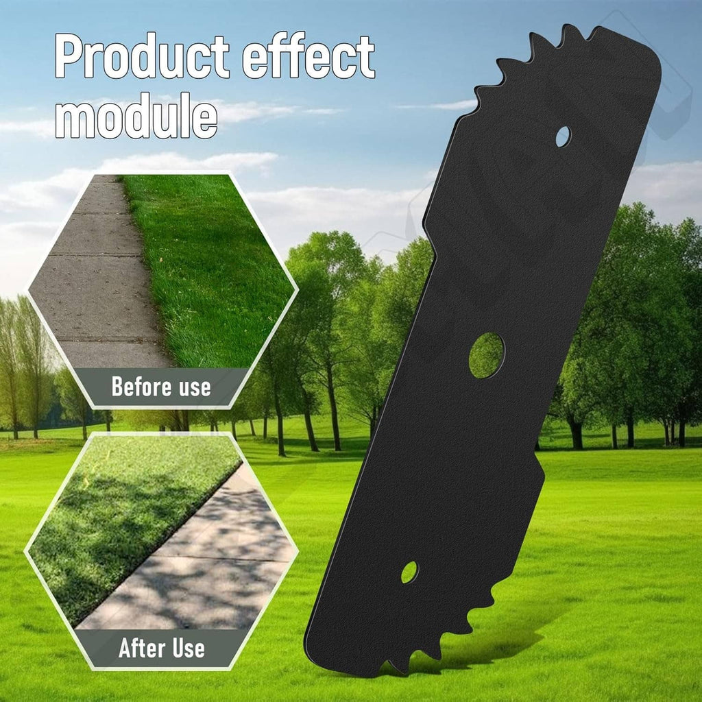 Black replacement edger blade with mounting holes and serrated edge, upright on grass