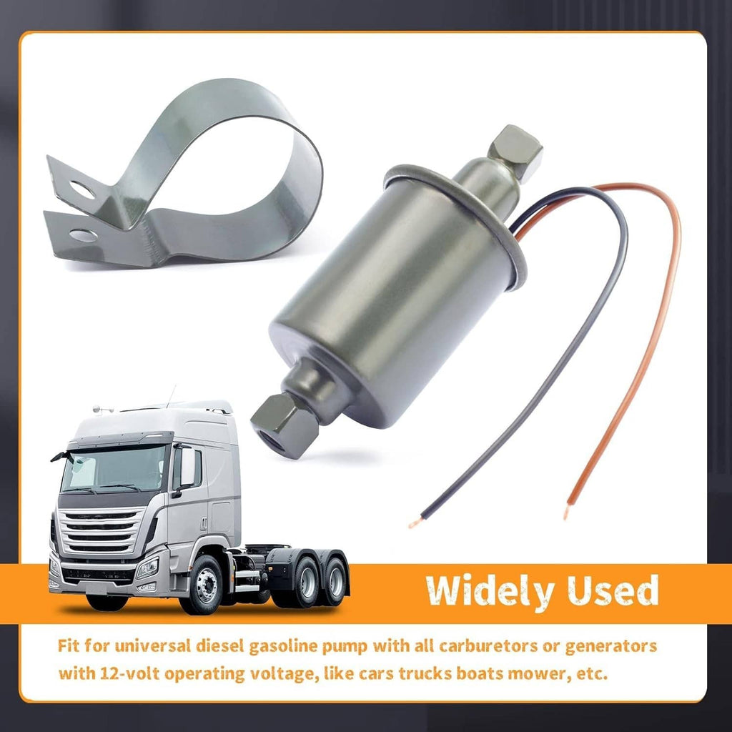 Electric fuel pump kit with mounting clamp, 12V wires, and inlet/outlet connectors