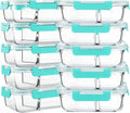 10-pack clear glass 2-compartment meal prep bento boxes with teal airtight lids, stacked