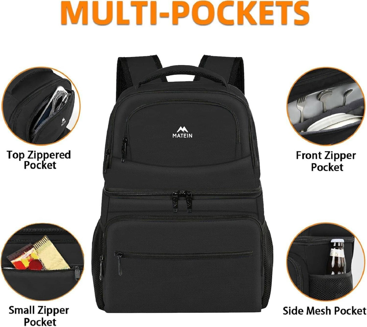 Black insulated cooler backpack with multiple zip pockets and side mesh pocket details.