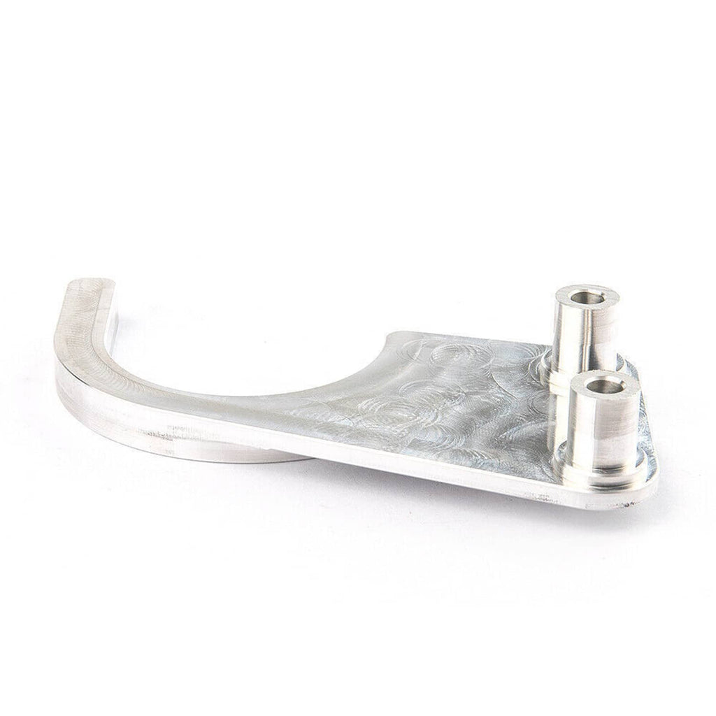 Silver timing chain guide bracket with U-shaped channel and two raised mounts.