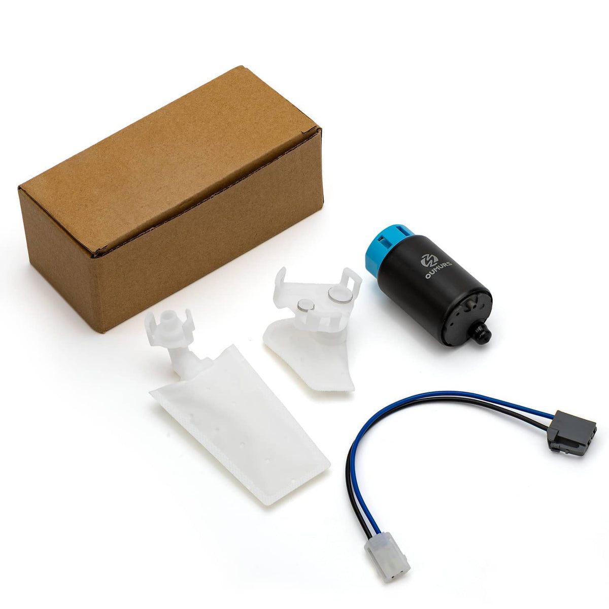 Fuel pump kit with black pump, blue wires, and white strainer components