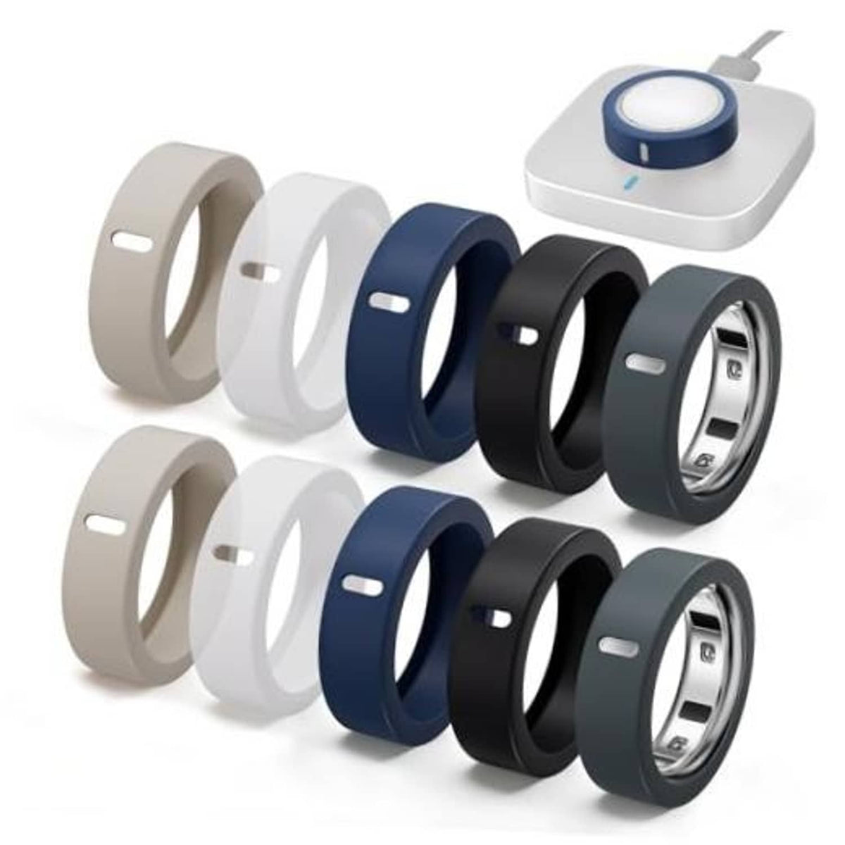 10-pack silicone ring charging covers in beige, white, dark blue, black, green, starlight