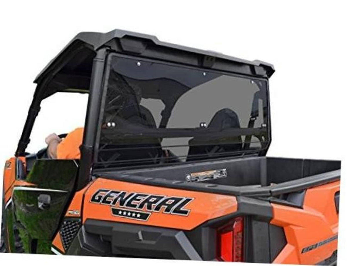Dark-tinted rear windshield with black frame and wiper mounting hardware