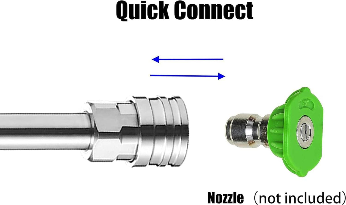 Pressure washer quick-connect fitting with green nozzle-side connector, silver wand
