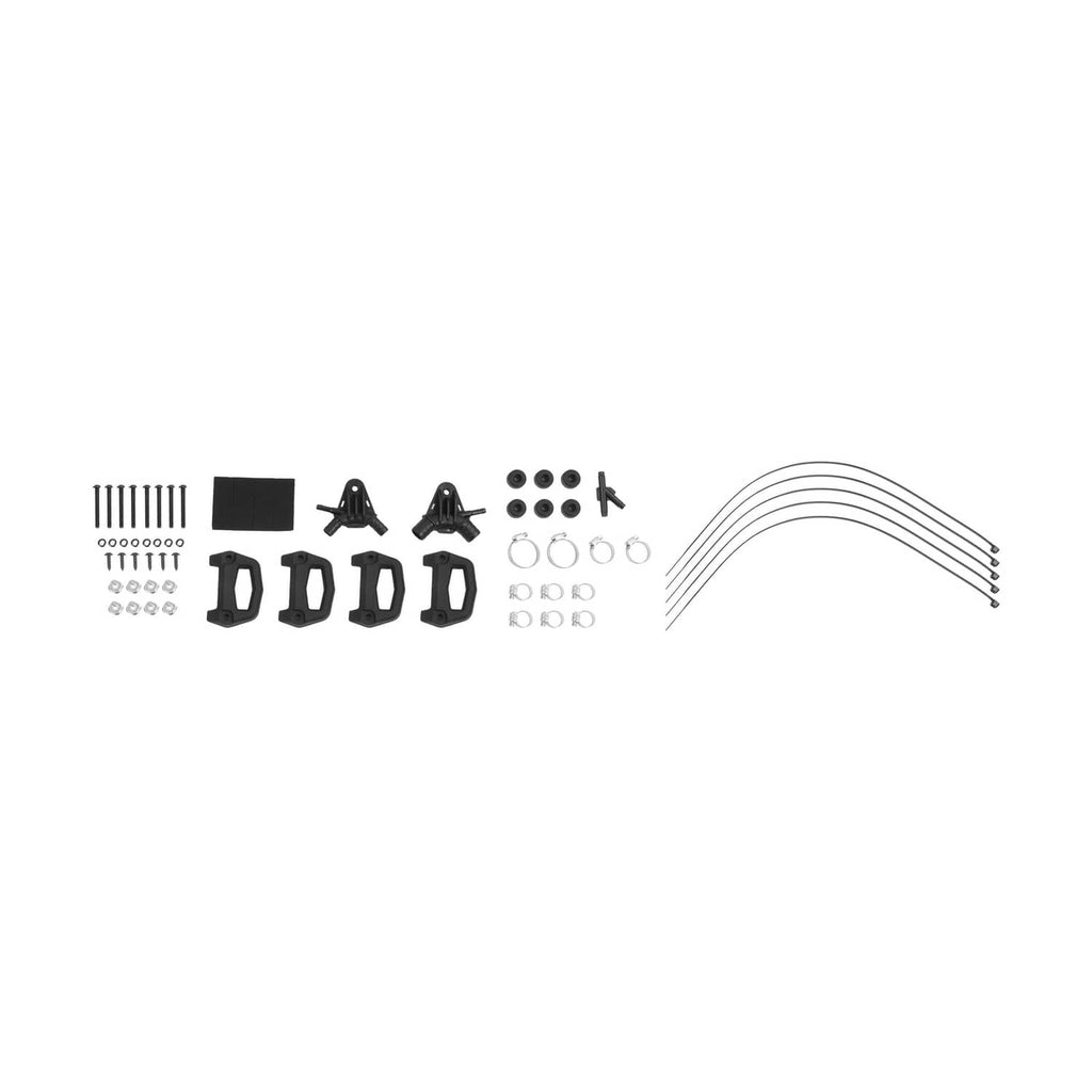 Textured black cargo rack parts kit with base plate, brackets, and mounting hardware