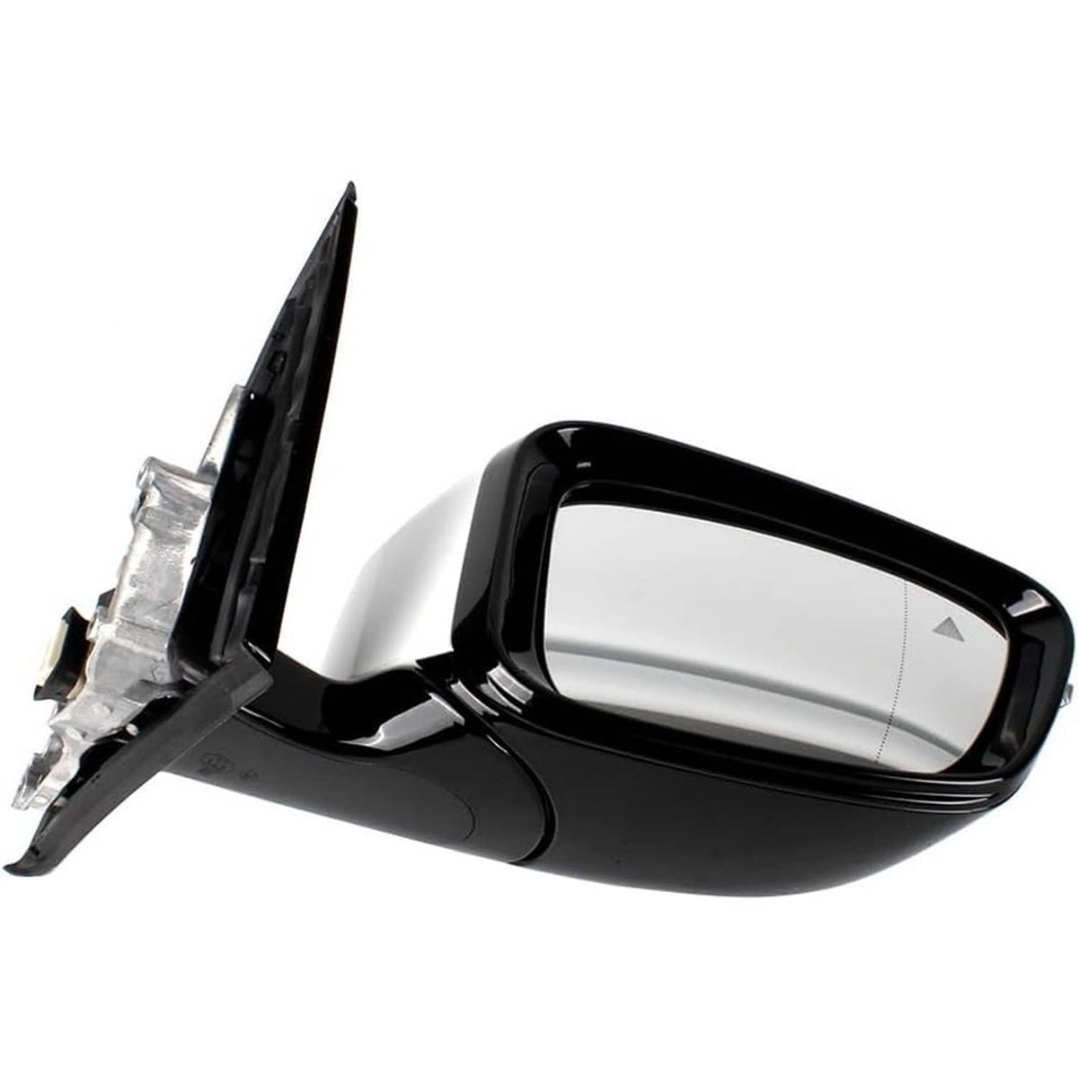 Passenger side mirror assembly with blind spot indicator, black housing and silver glass