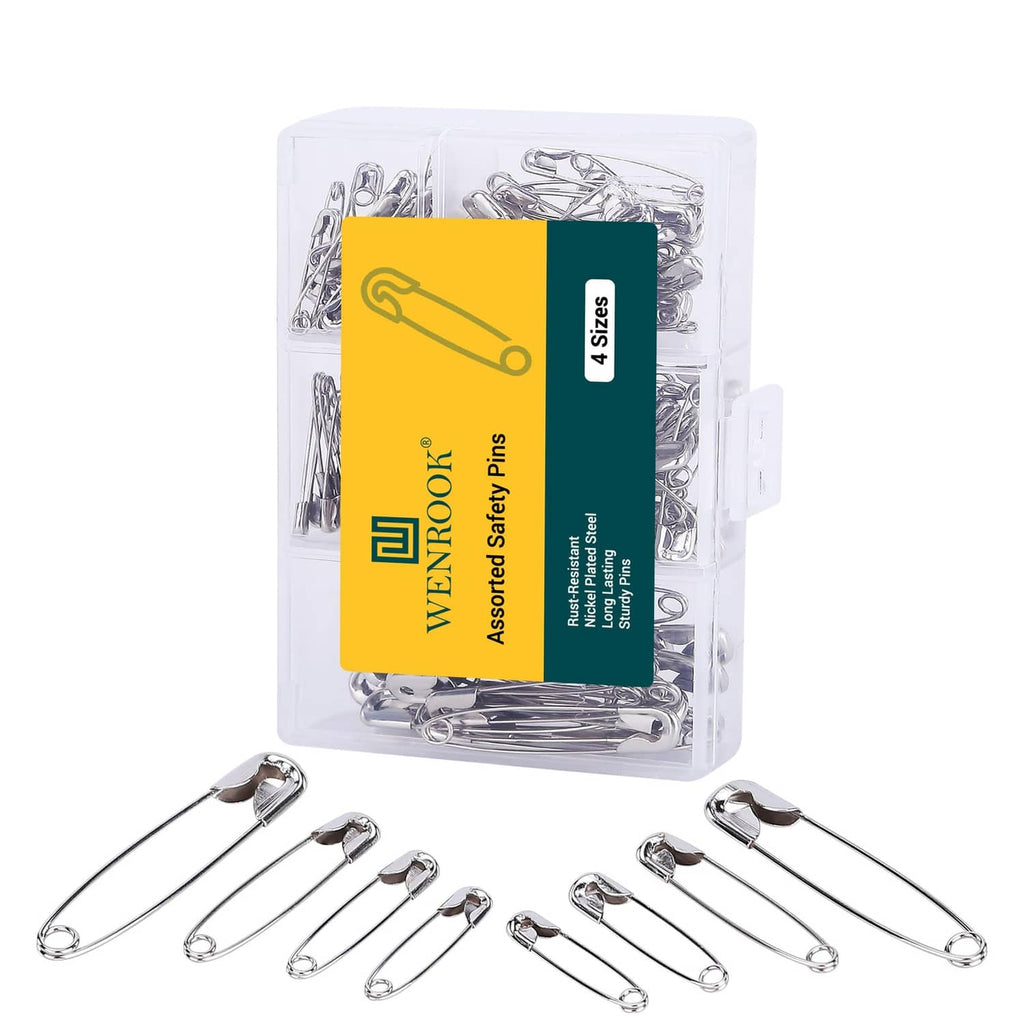 Clear plastic case of assorted safety pins with four size labels