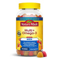 Men’s multivitamin omega-3 gummies bottle with yellow cap and fruit gummies