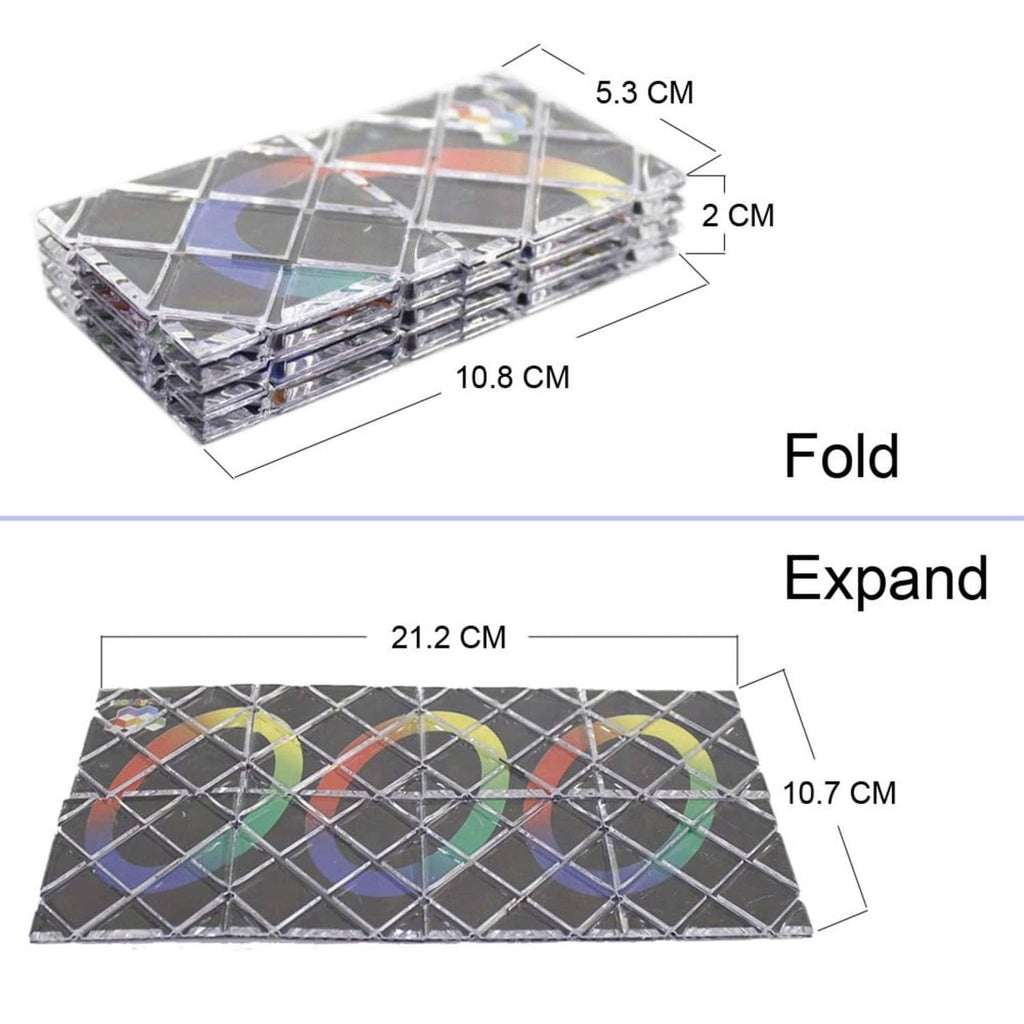 Folding puzzle board expanded and folded size diagram, black grid with ring pattern