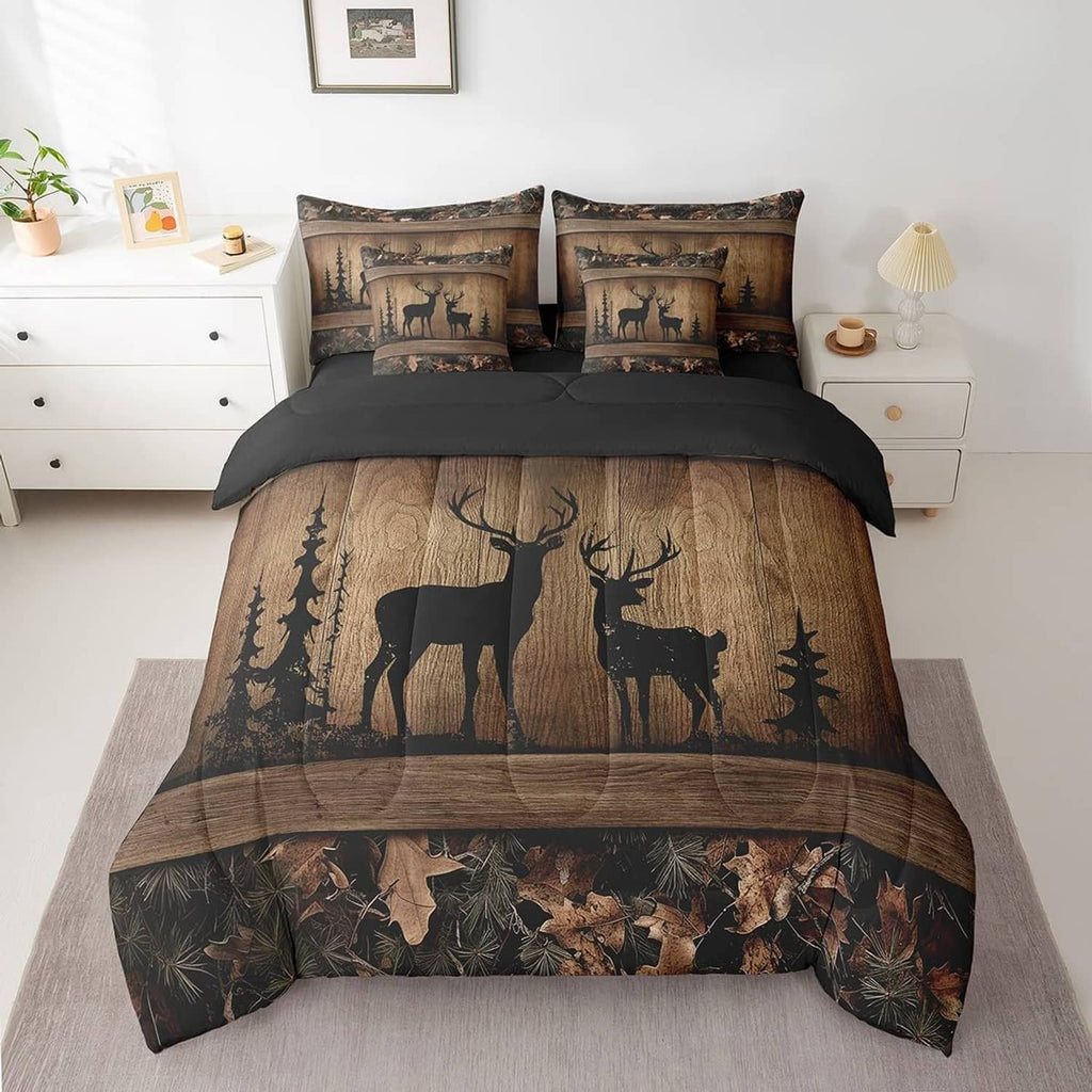 Queen camo deer comforter set with dark pillow shams and matching bed skirt