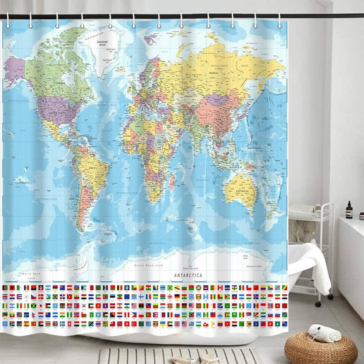 Multi-color shower curtain with world map design and top hanging grommets, flag border