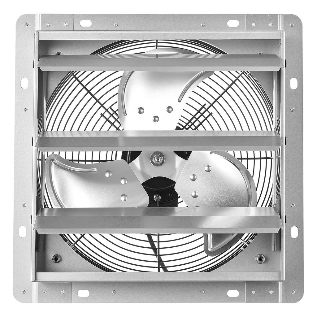 Wall-mounted exhaust fan front grille with visible fan blades and automatic louvers