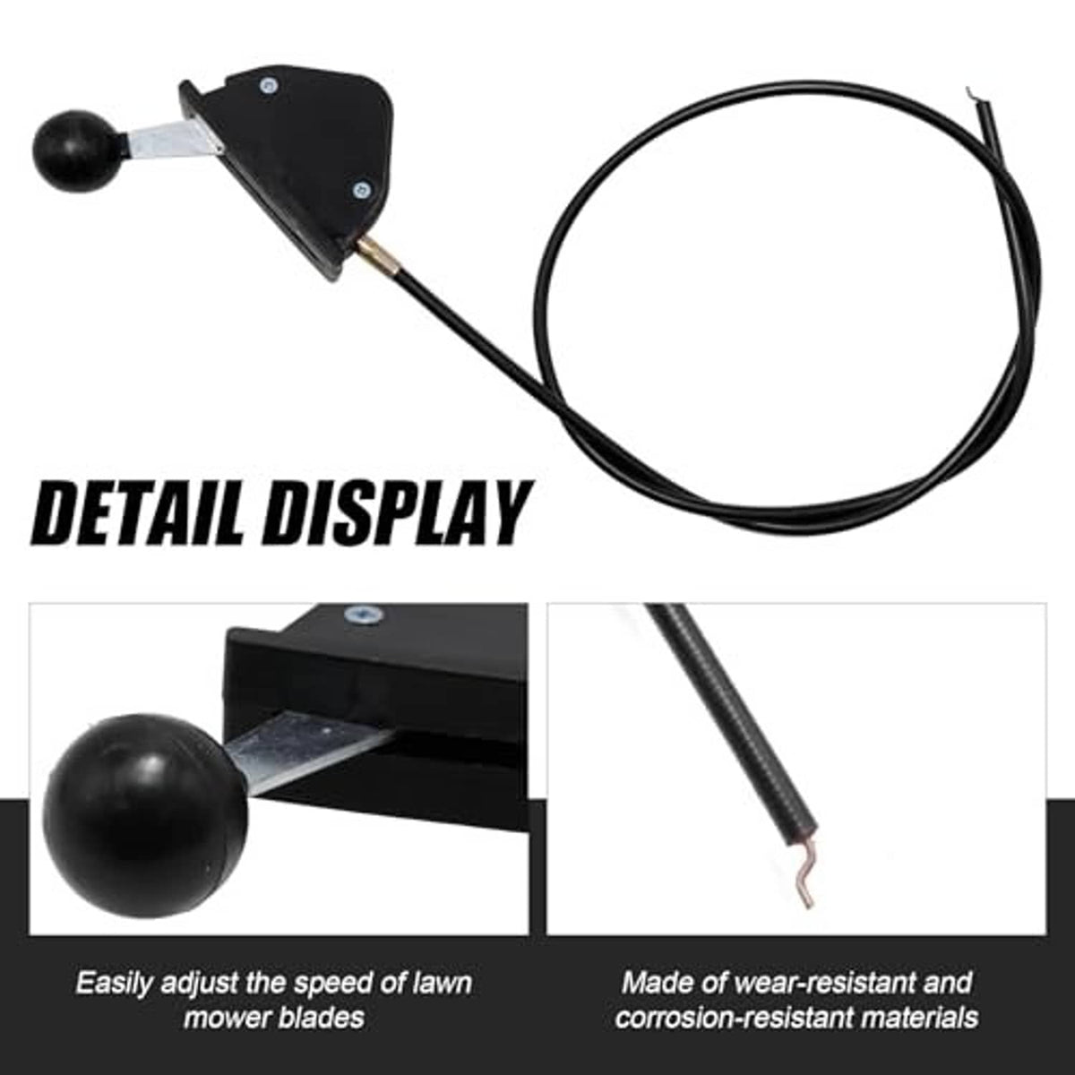 Throttle cable detail view with triangular lever, ball knob, and black cable