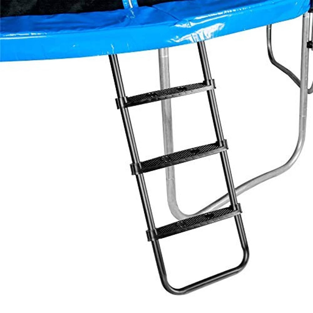 Trampoline ladder slide kit with black ladder steps and dark slide panel under frame