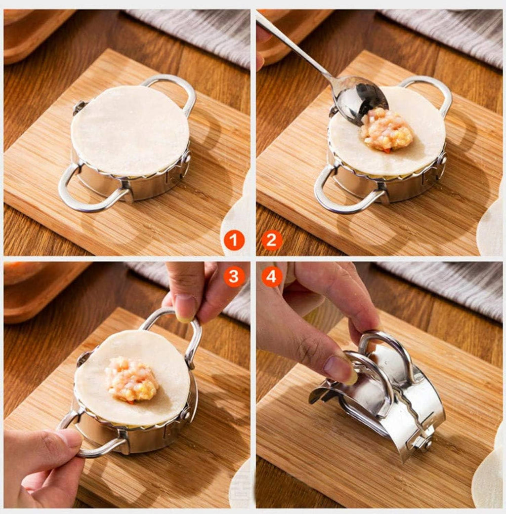 Stainless steel dumpling press clamping filled dough on a wooden board, multi-step