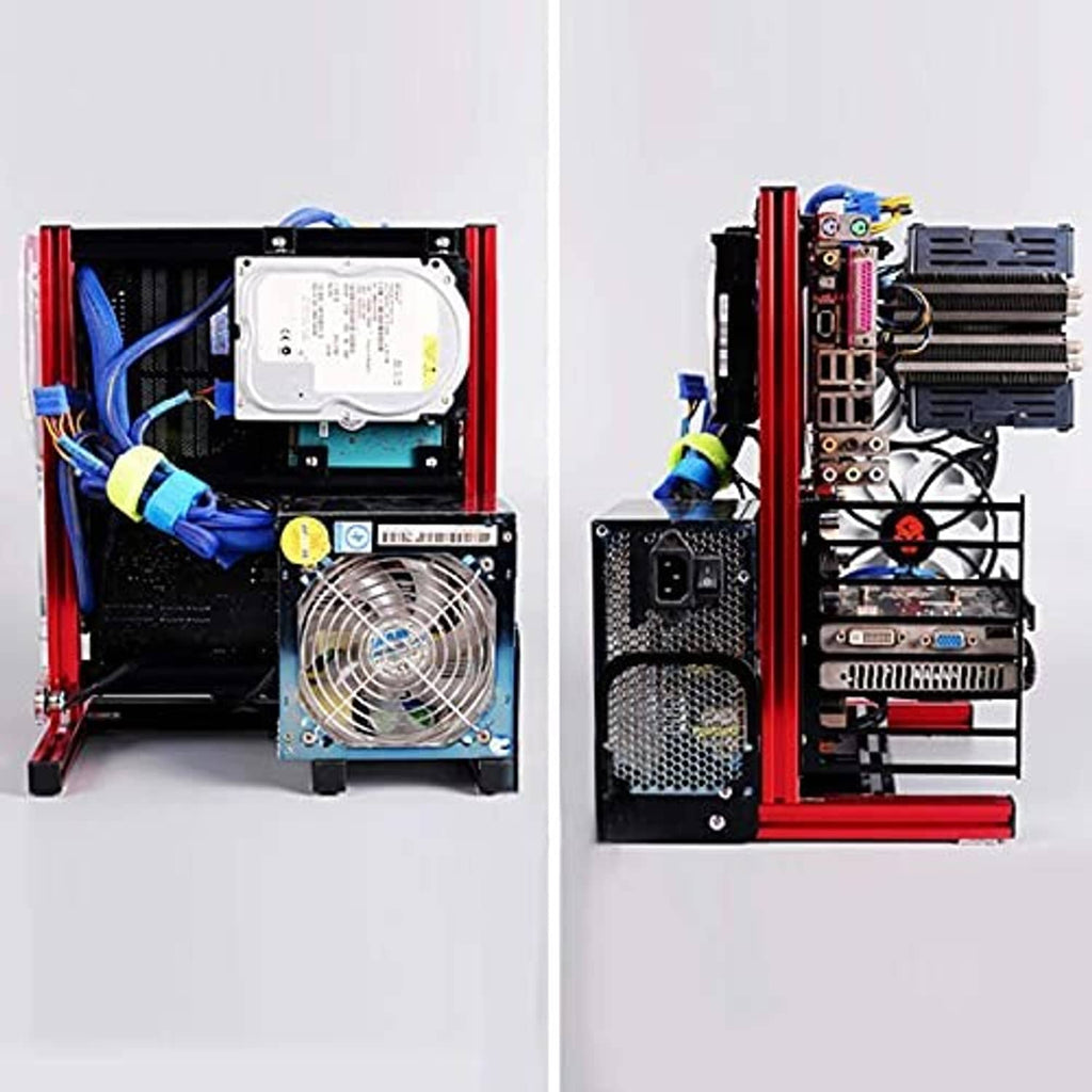 DIY computer motherboard rack open rear view with power supply, fan, and exposed ports