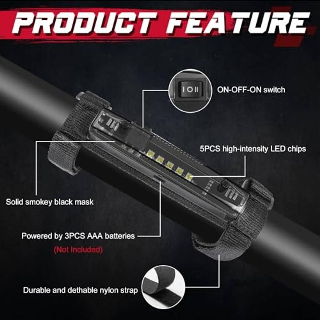 Black LED light bar with on-off switch, white LEDs, and nylon strap for mounting