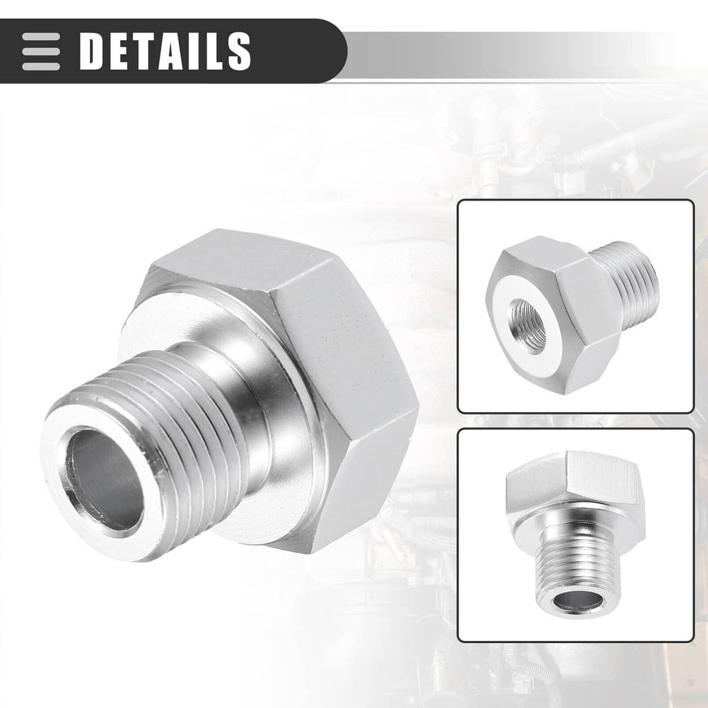 Oil pressure sensor adapter hex fitting with threaded ends, metal finish, close-up views