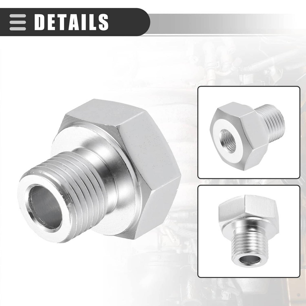 Oil pressure sensor adapter hex fitting with threaded ends, metal finish, close-up views