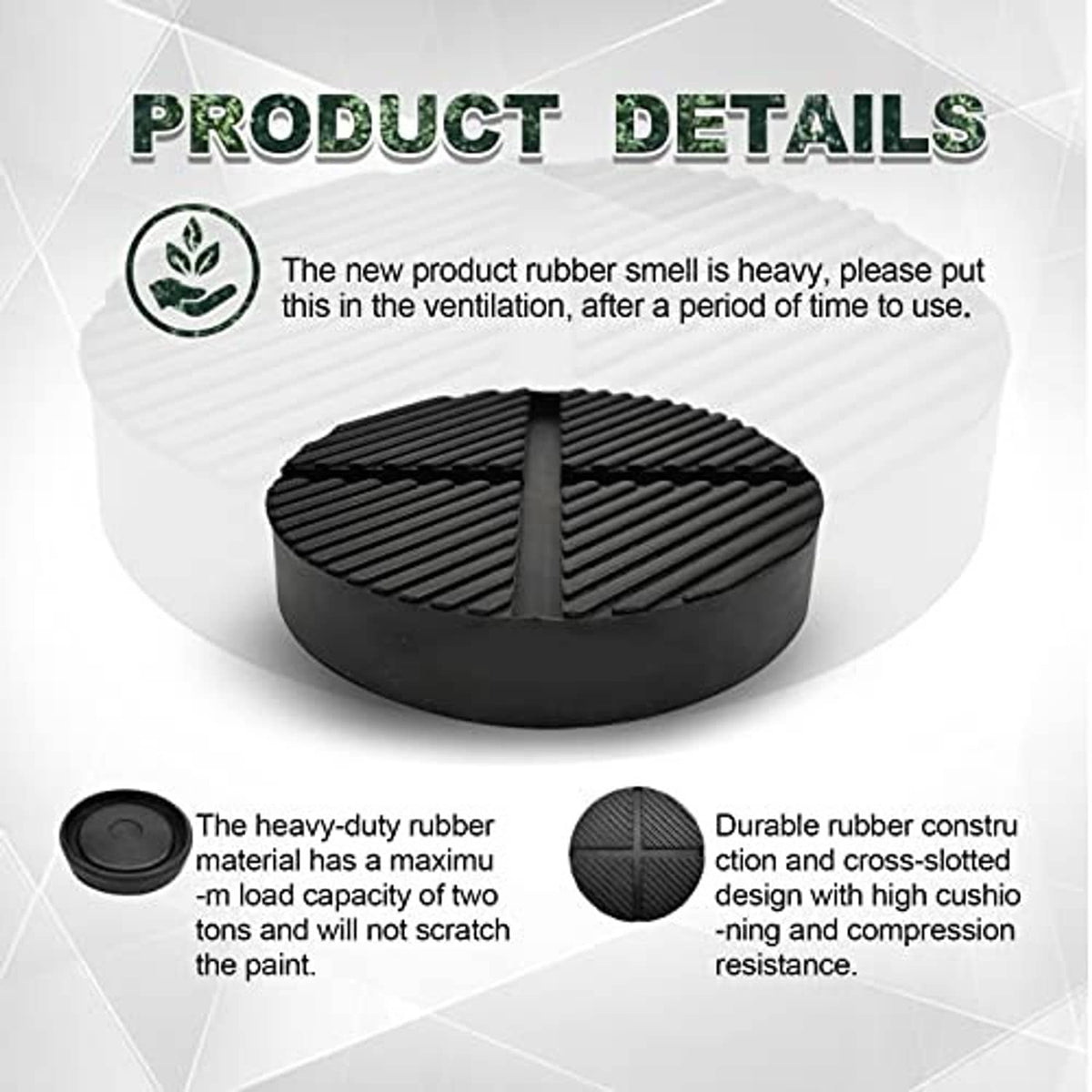 Black heavy-duty rubber jack pad with raised chevron grooves on circular top