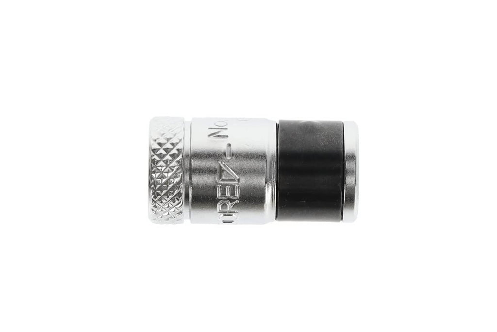 Metal 1/4-in square-to-hex bit adaptor, showing knurled ring and hex socket end