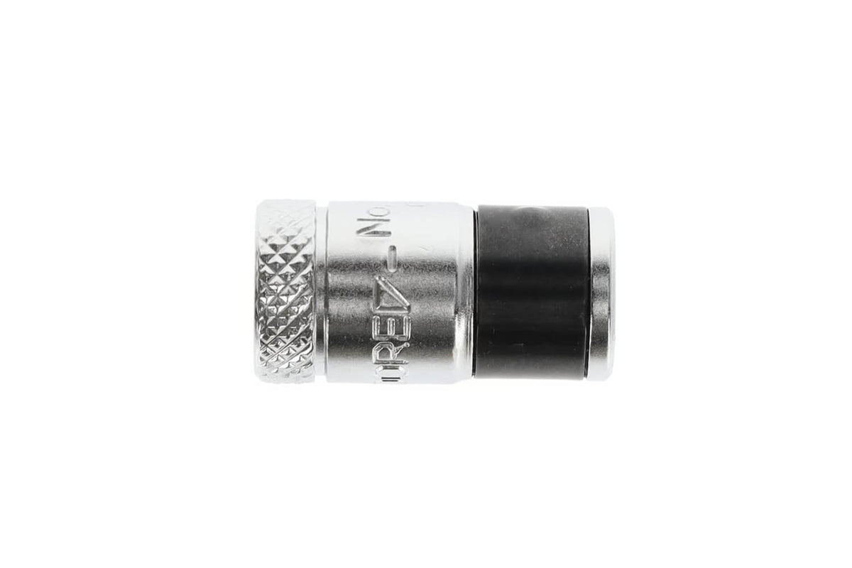 Metal 1/4-in square-to-hex bit adaptor, showing knurled ring and hex socket end