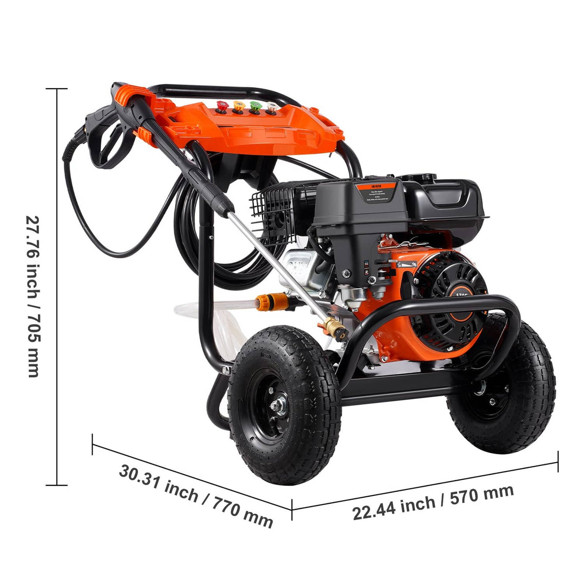 Orange and black gas pressure washer with four wheels, black hose, and raised handle