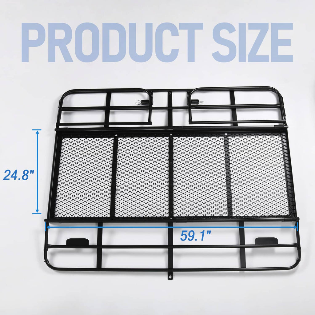 Black metal cargo basket rack with mesh panels and product size diagram view