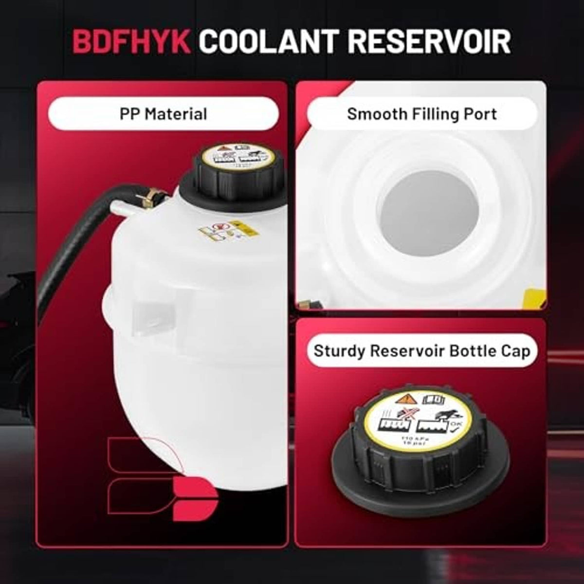 White coolant reservoir bottle with cap and smooth filling port diagram
