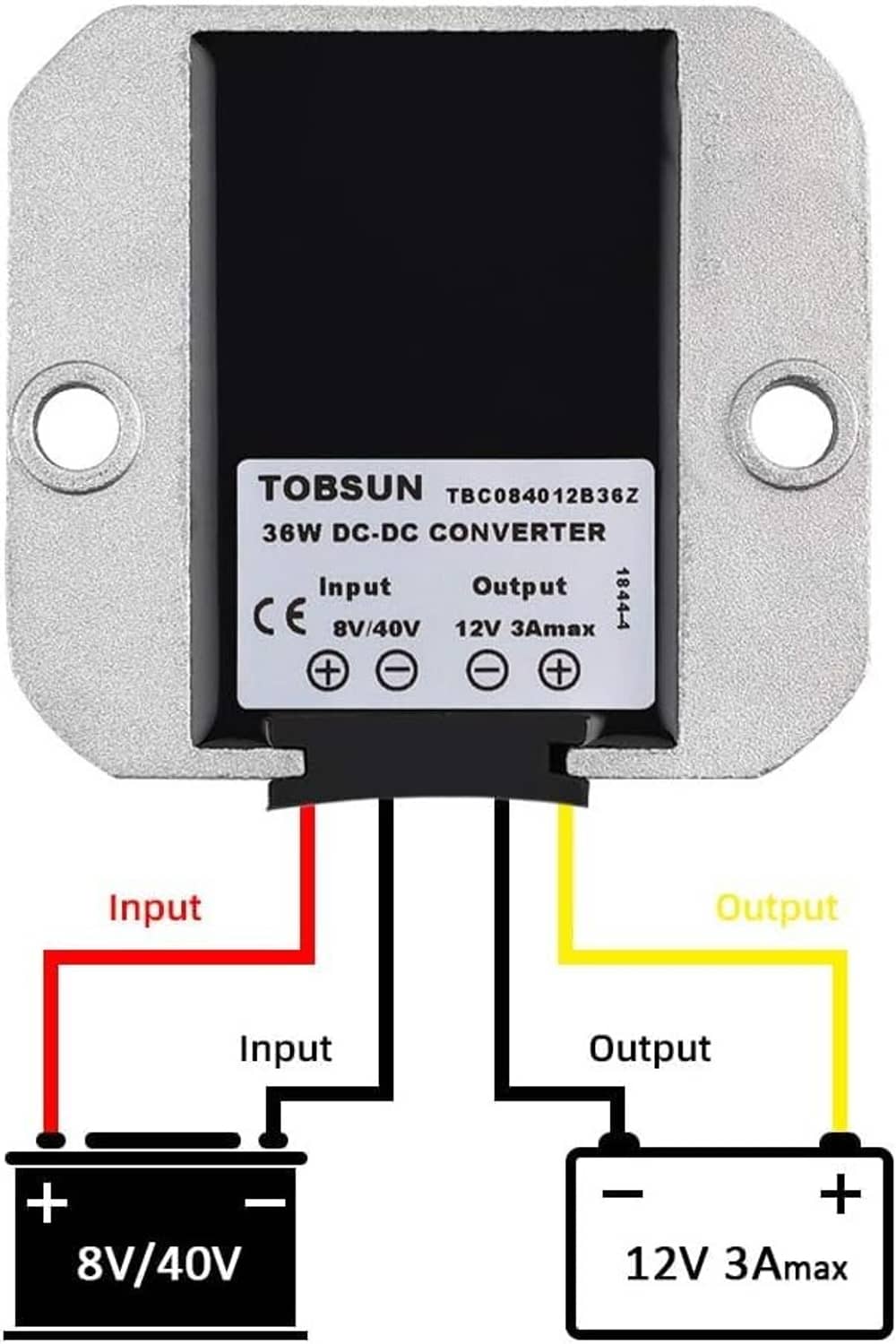 DC-DC converter module with mounting holes, labeled input 8V/40V and output 12V 3A