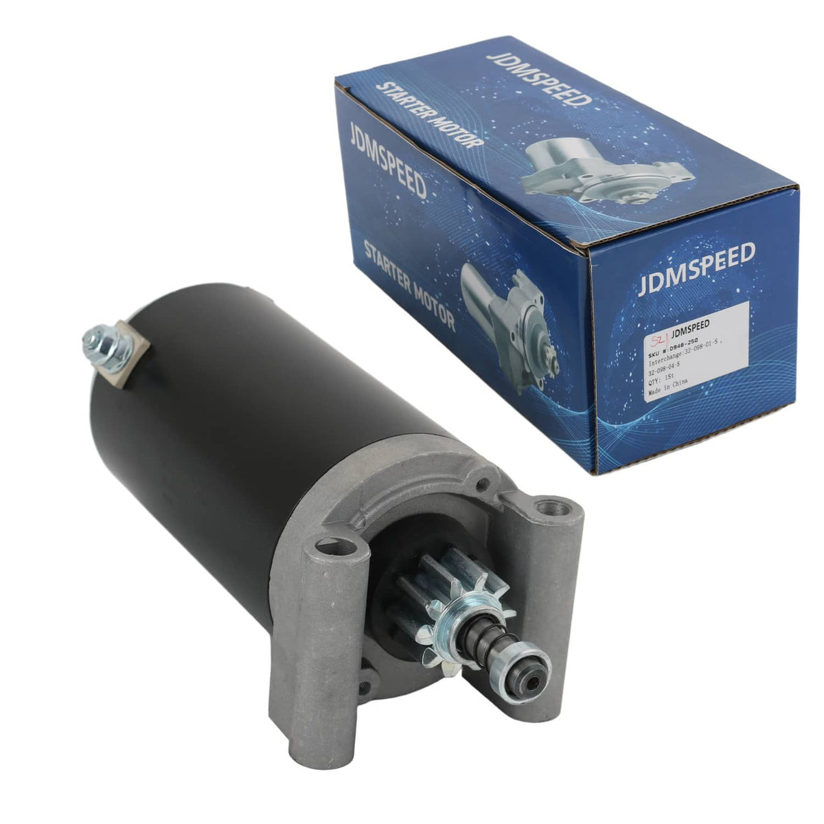 Electric engine starter motor with black cylinder and silver mounting bracket