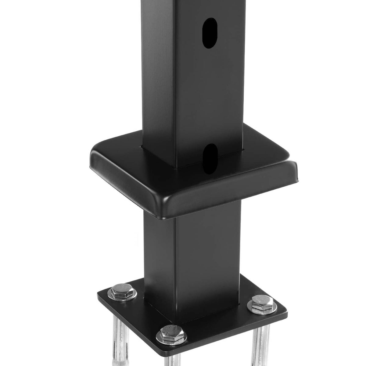 Black cable railing post base plate with mounting bolts and central post opening
