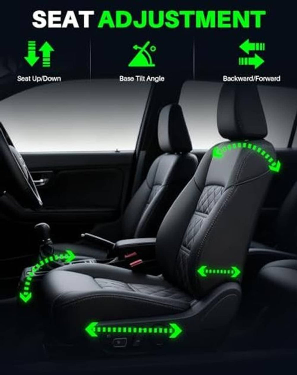 Power seat adjustment diagram with arrows showing seat up/down and tilt directions