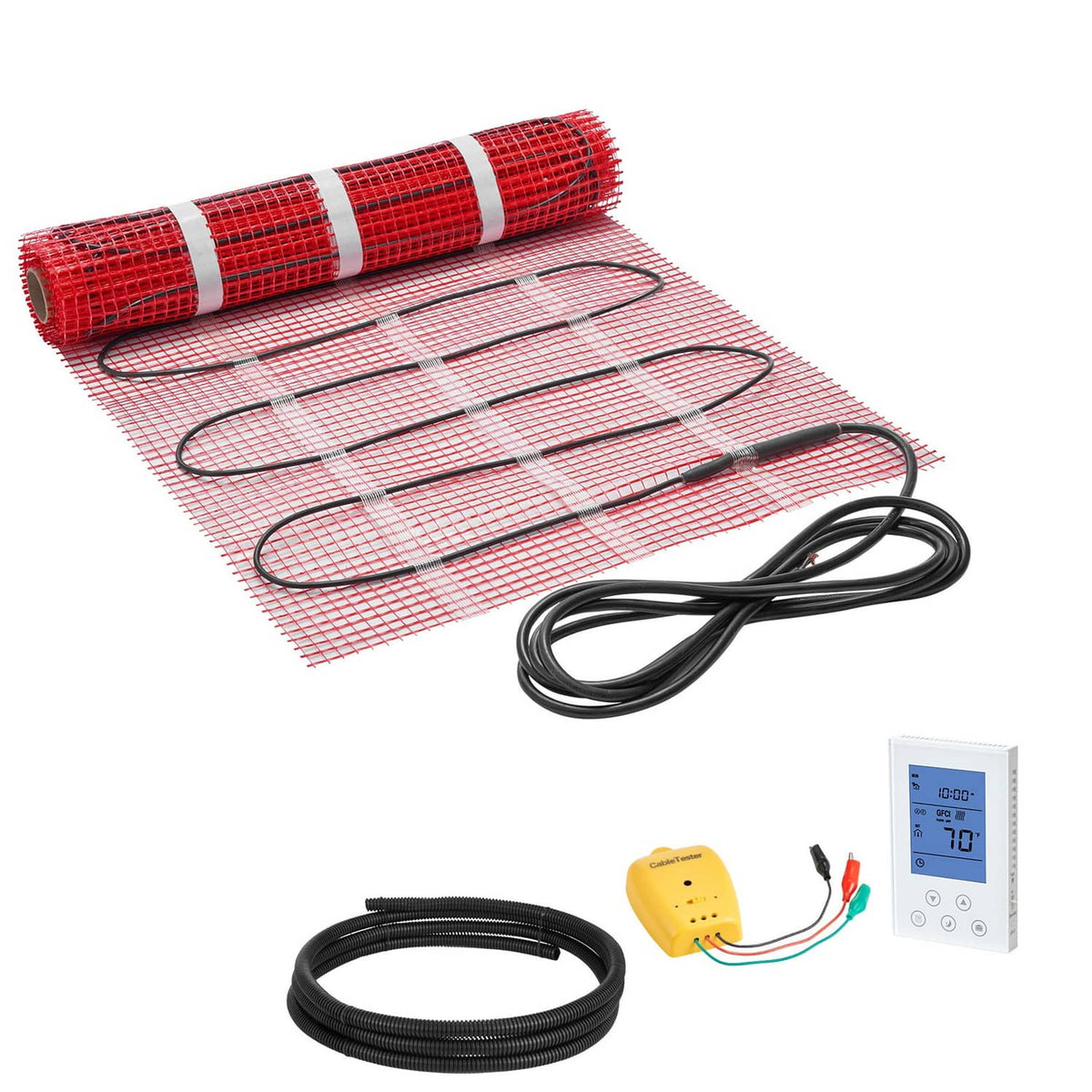 Self-adhesive radiant floor heating mat roll with red mesh and black power cables