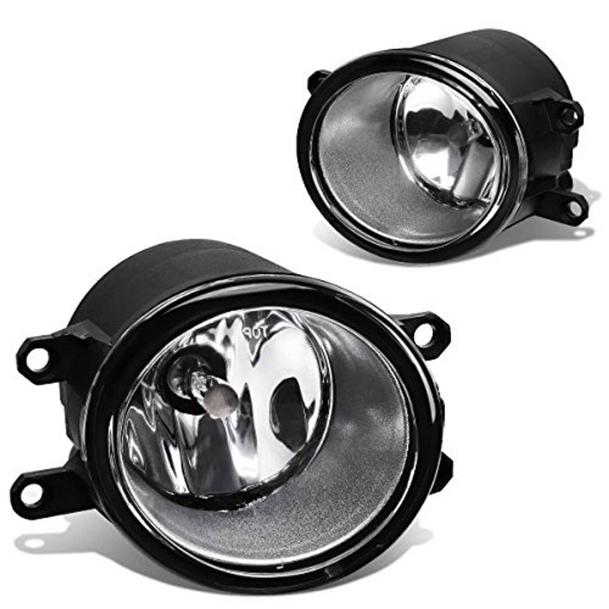 Front fog light pair with clear lenses and chrome reflectors in black housings
