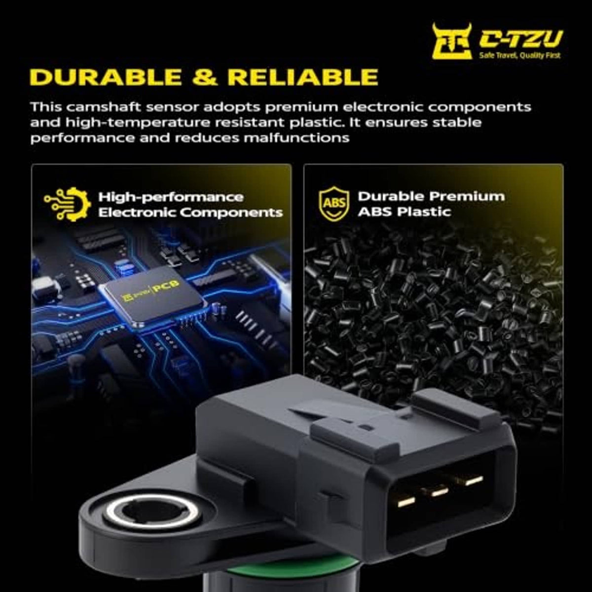 Single black camshaft position sensor with green O-ring, circular mount, and 3-pin connector