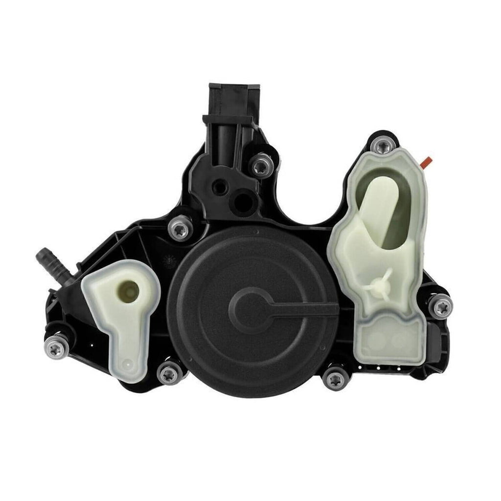 Oil separator valve assembly, black circular cover with light reservoirs and mounting bolts