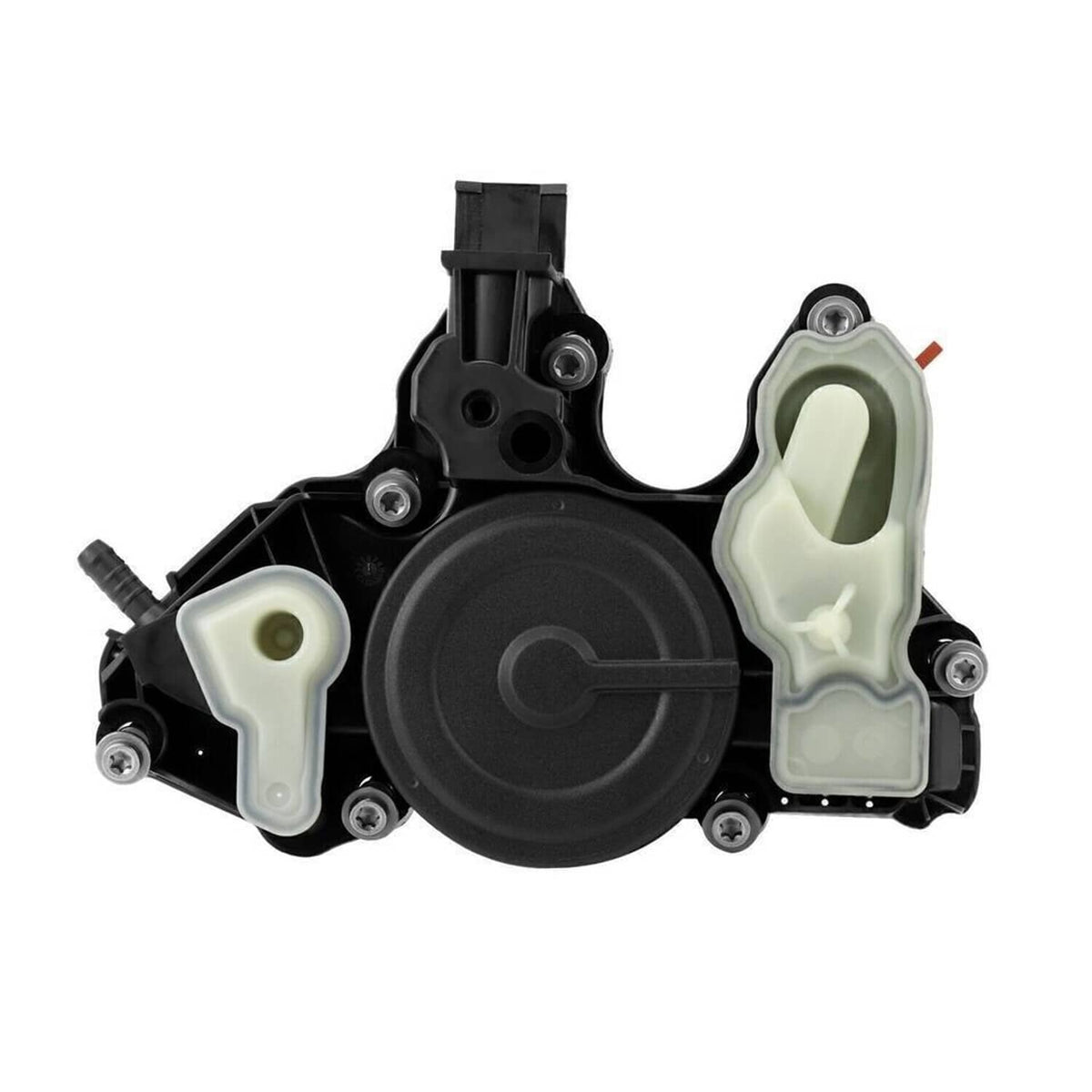 Oil separator valve assembly, black circular cover with light reservoirs and mounting bolts