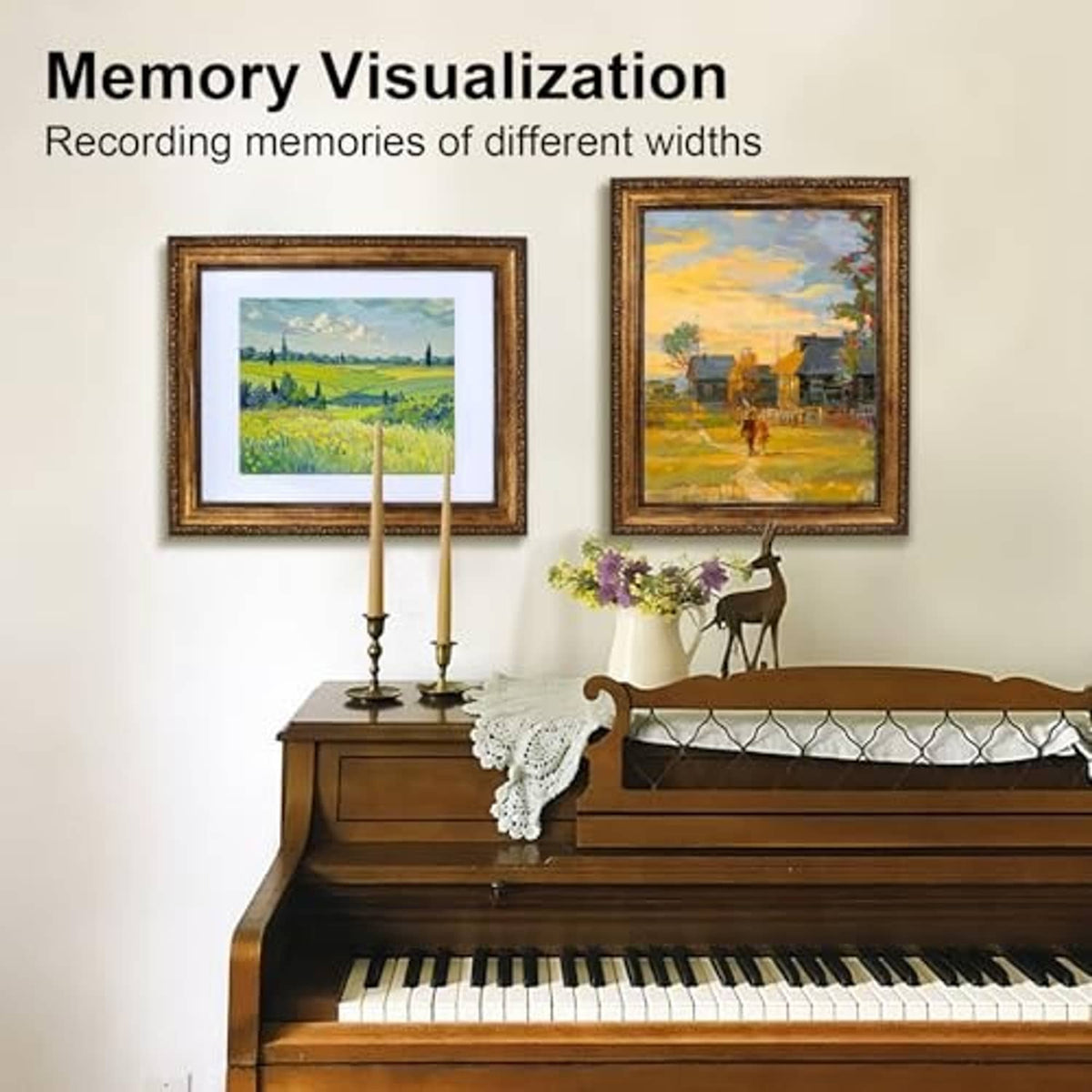 Ornate photo frames on wall above piano, featuring small landscape artworks