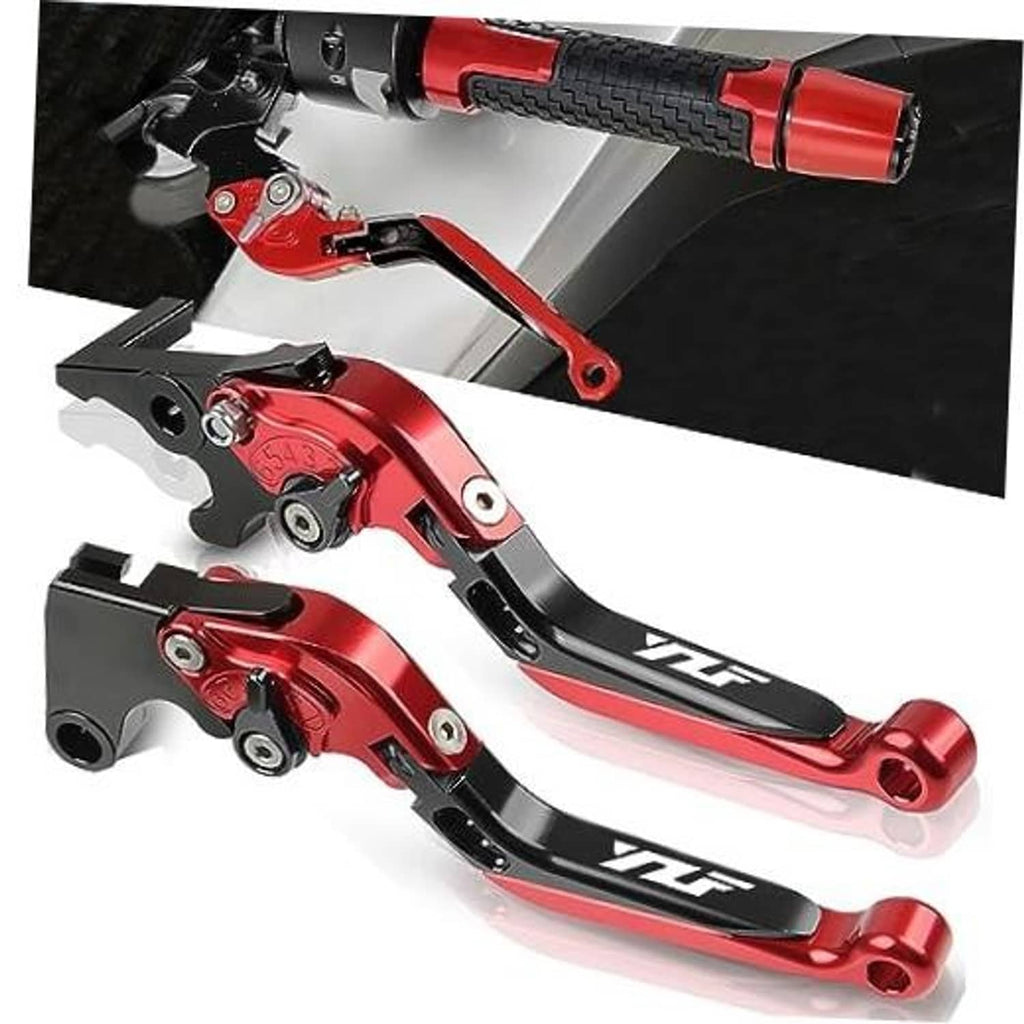 Red and black motorcycle brake and clutch lever set with folding CNC-style levers