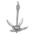 Foldable grapnel anchor with curved flukes and top lifting ring, silver galvanized finish