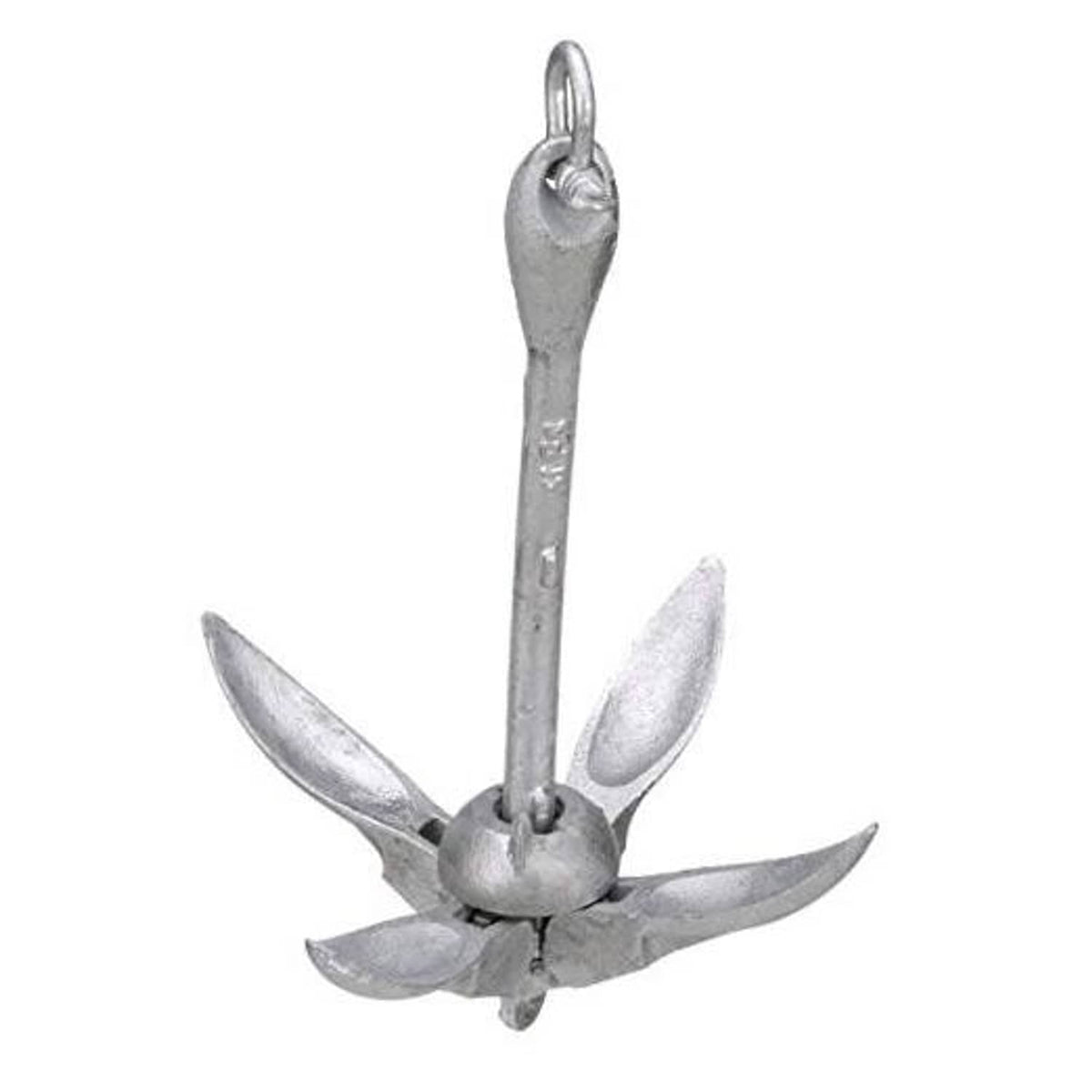 Foldable grapnel anchor with curved flukes and top lifting ring, silver galvanized finish