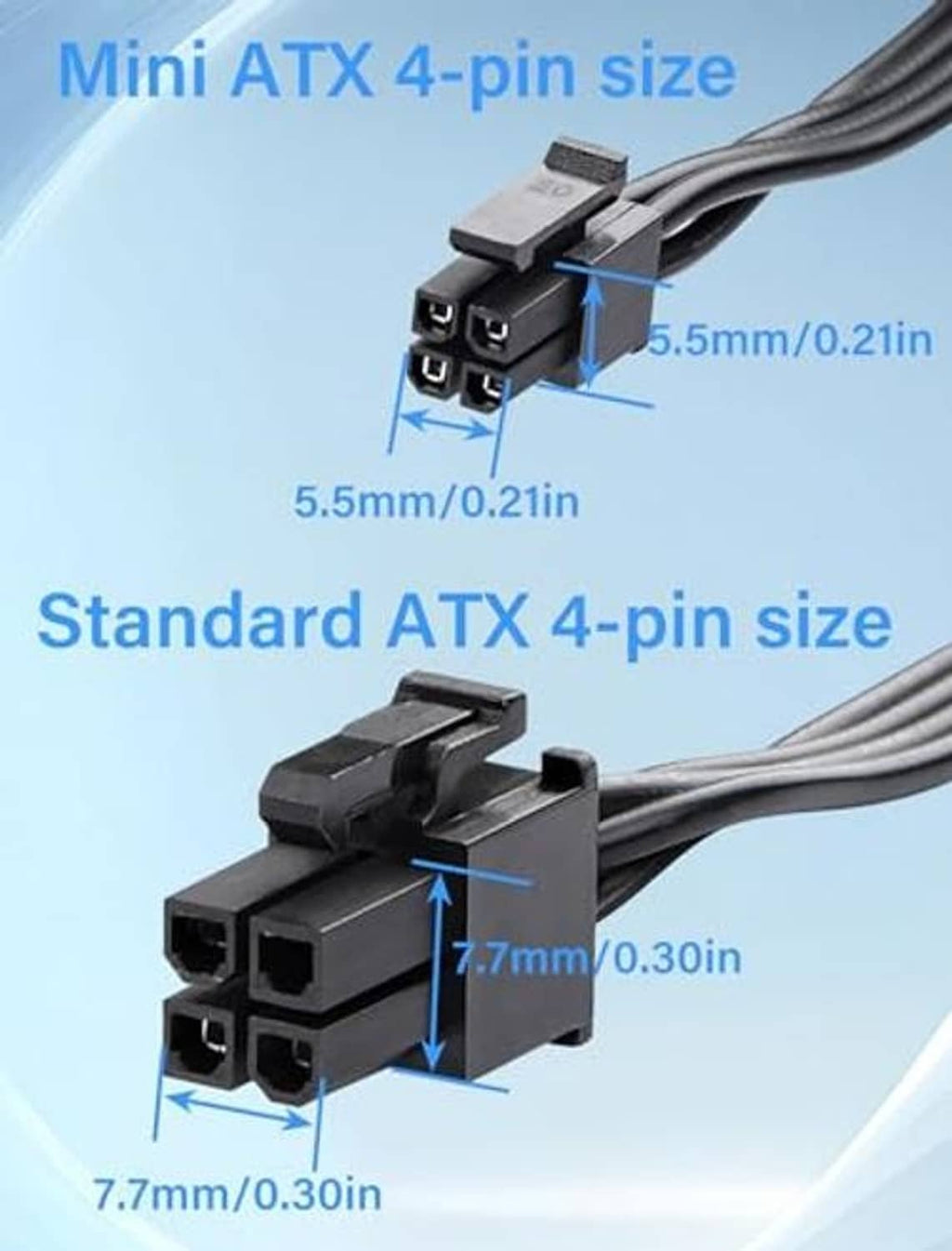 ATX mini and standard 4-pin connector ends on the SATA adapter cable