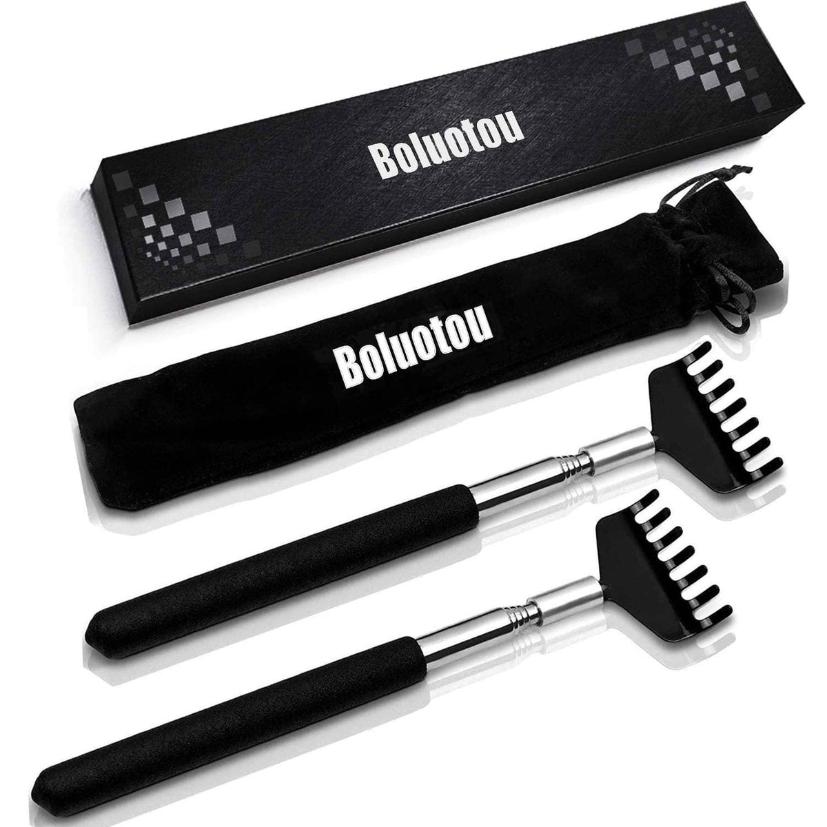 2-pack extendable back scratchers in box with black pouch and stainless steel heads