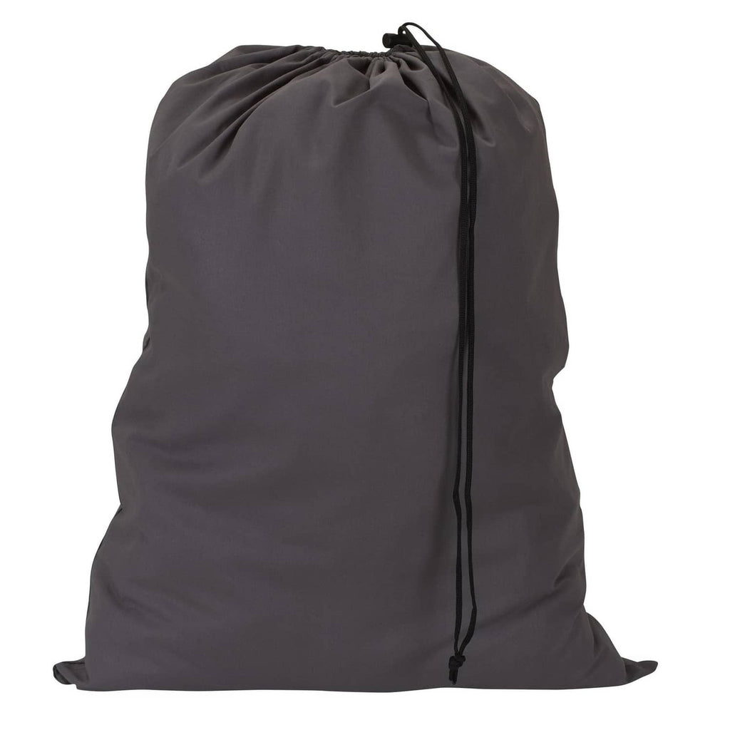Grey cotton large drawstring storage bag with black drawstring cord