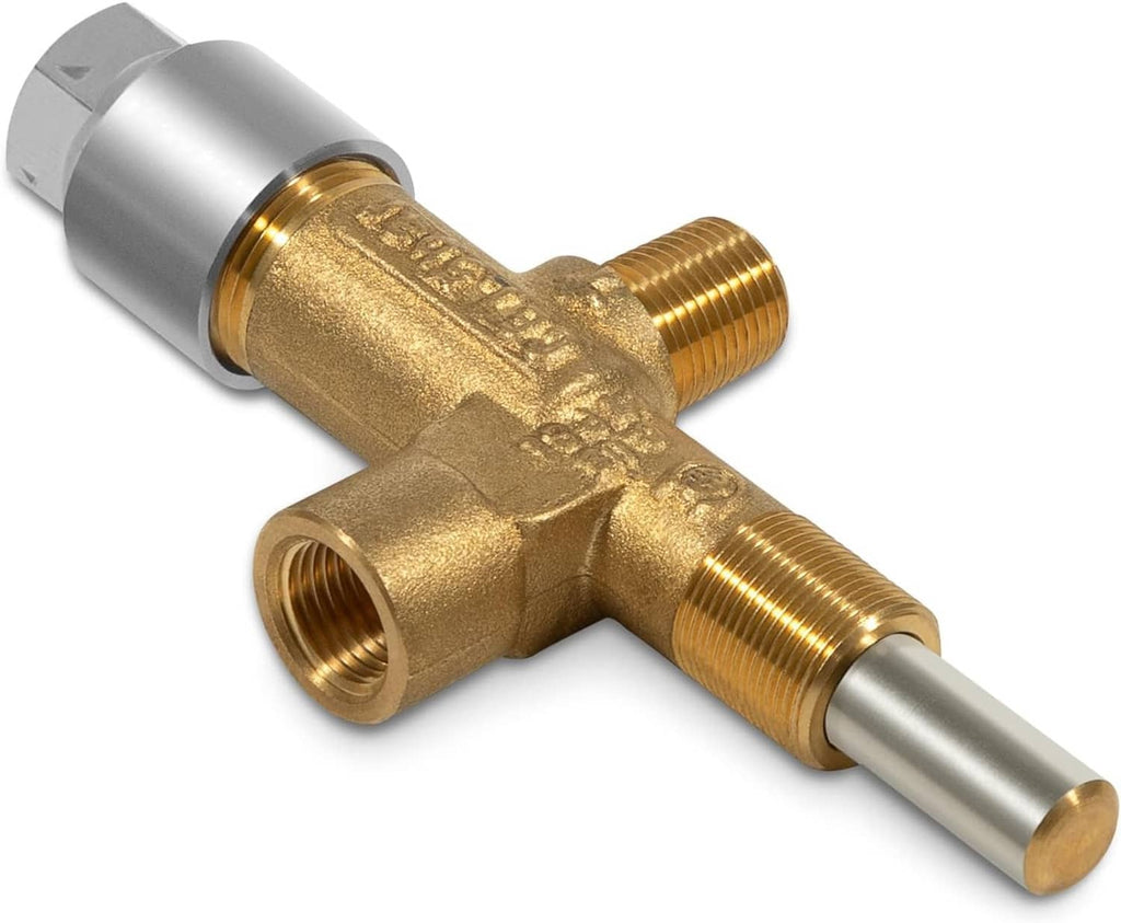 Gas valve extension plug with brass cross fitting and silver threaded metal ends
